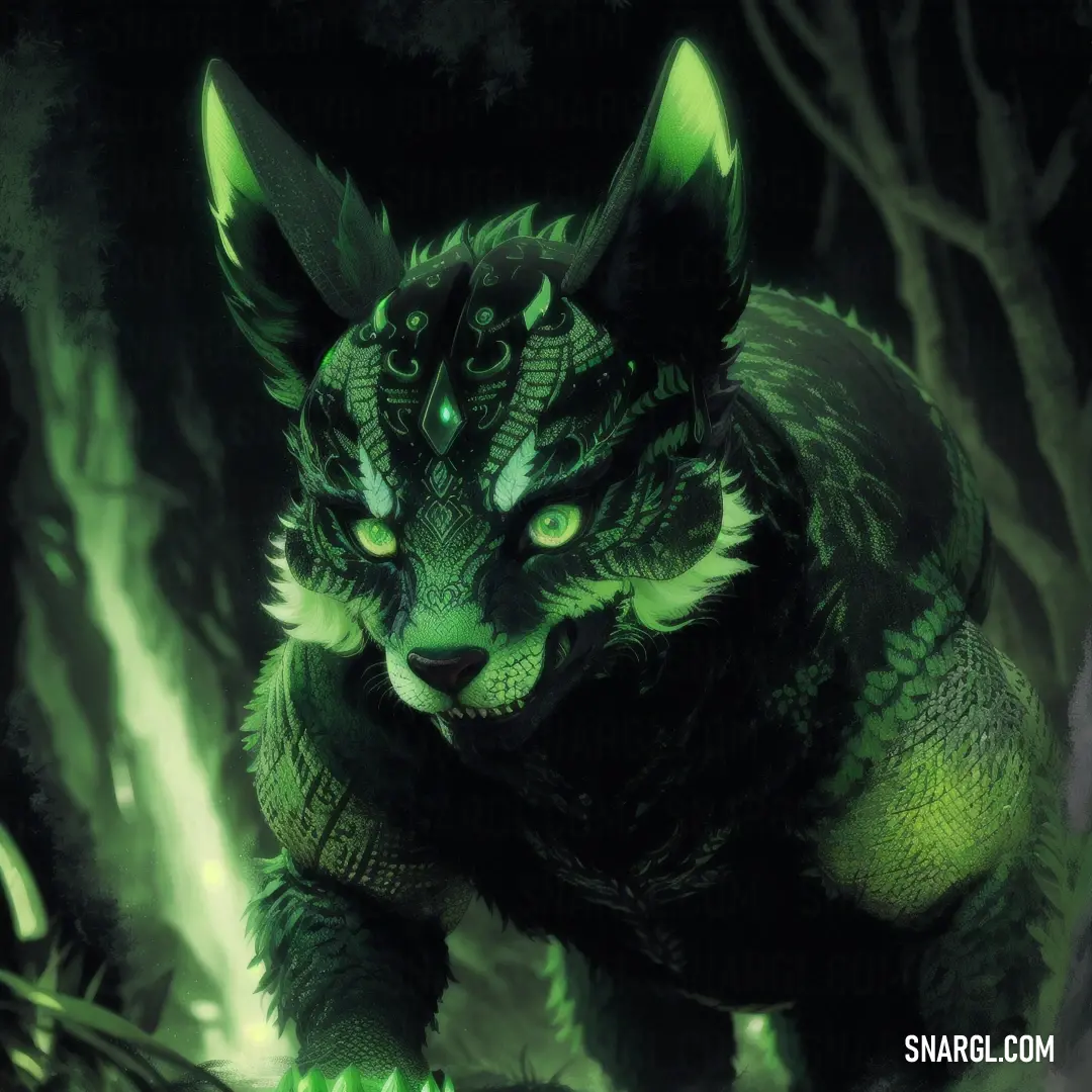 Green and black creature with glowing eyes and a tail. Color #507D2A.