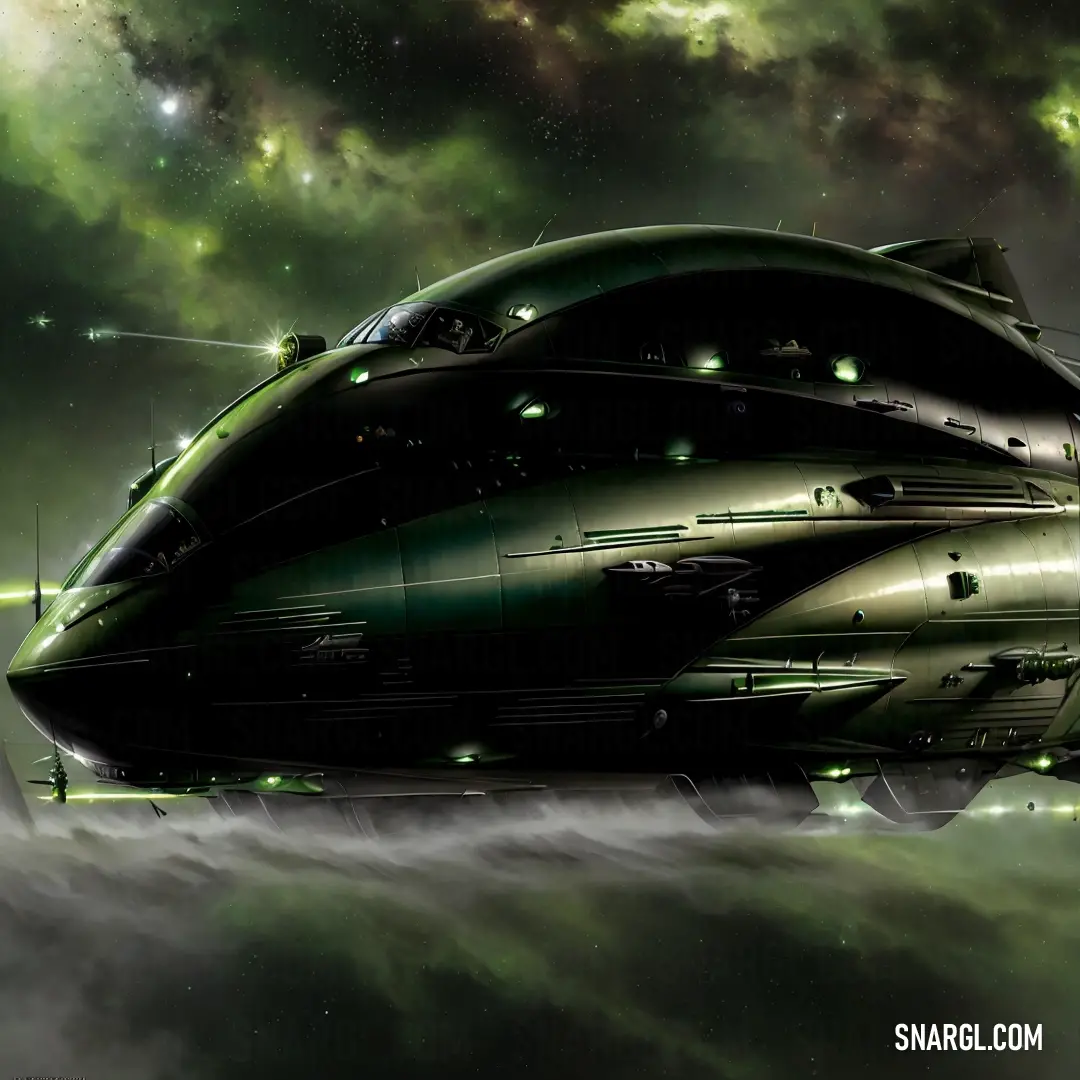 Green and black space ship floating in the sky with a lot of stars in the background. Example of #507D2A color.