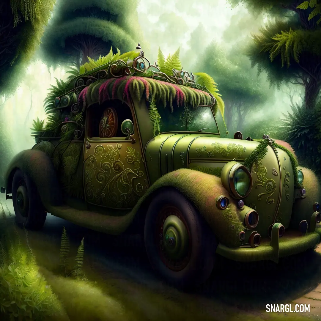 Sap green color example: Green car with a tree on top of it in a forest with a pathway and trees on the side