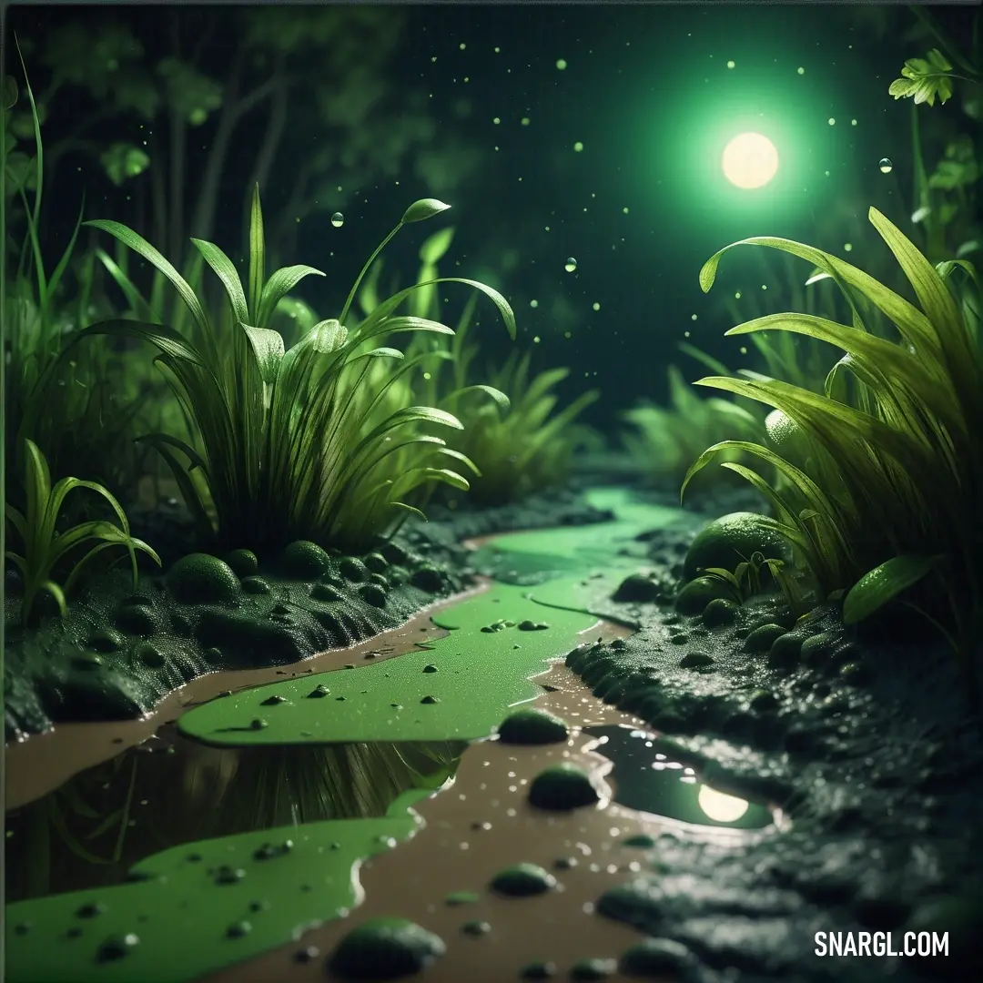 Sap green color. Green river with grass and water drops at night time with a green light shining on the water