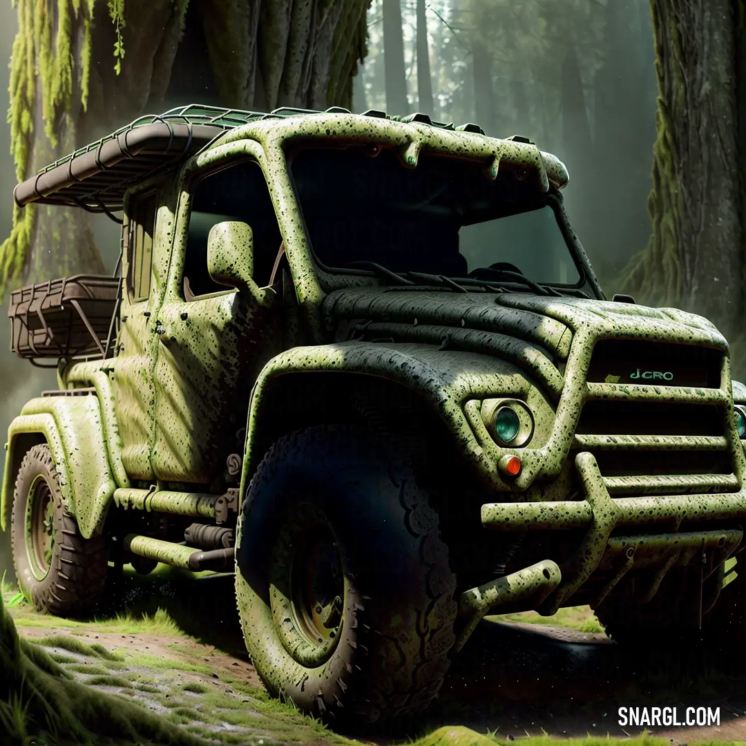 Green truck parked in a forest with trees in the background. Example of #507D2A color.