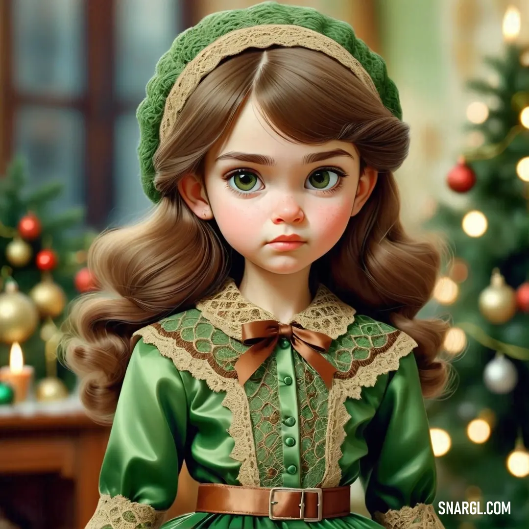 Sap green color. Painting of a girl in a green dress and a christmas tree in the background