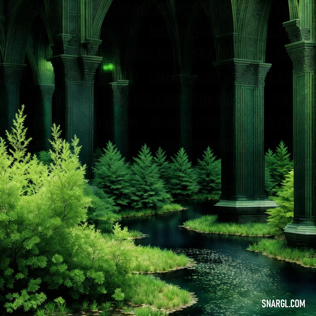 Sap green color. Painting of a river in a dark forest with arches and columns