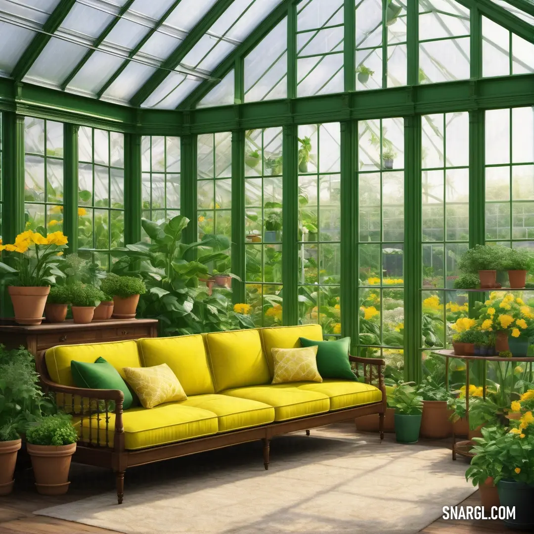 Room with a couch, potted plants and a shelf of flowers in it with a green roof. Color Sap green.