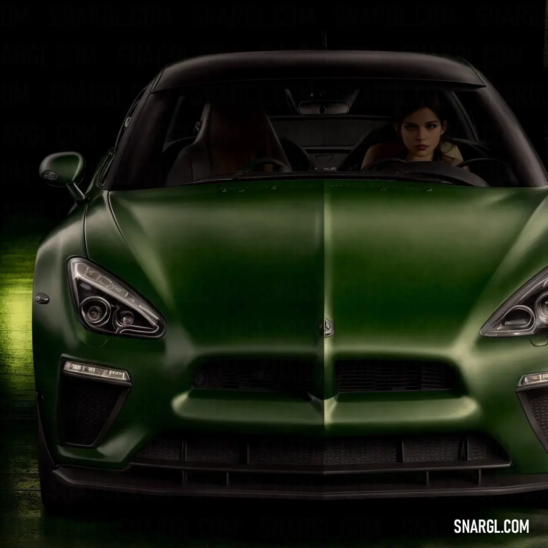 Woman driving a green sports car in the dark with a green background and a black background behind her