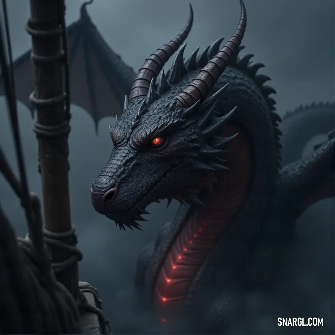 Saphira, with red eyes, stands next to a lit pole, her wings folded and her posture ready for action. With piercing red eyes, Saphira stands near a lighted pole, a rope hanging beside her. Her strong figure and focused gaze seem to suggest she is prepared for whatever challenge lies ahead in the darkness.
