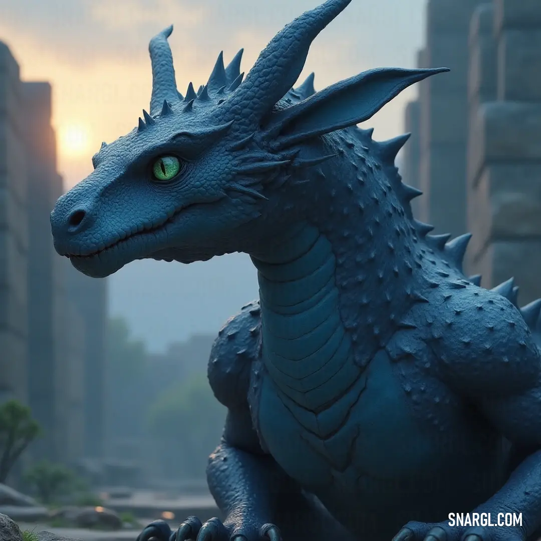 Saphira with green eyes standing amidst tall city buildings and an overcast sky. Saphira, with piercing green eyes, stands tall in the midst of a city, surrounded by towering buildings and a brooding, cloudy sky. The urban landscape adds a stark contrast to her majestic, dragon-like presence.