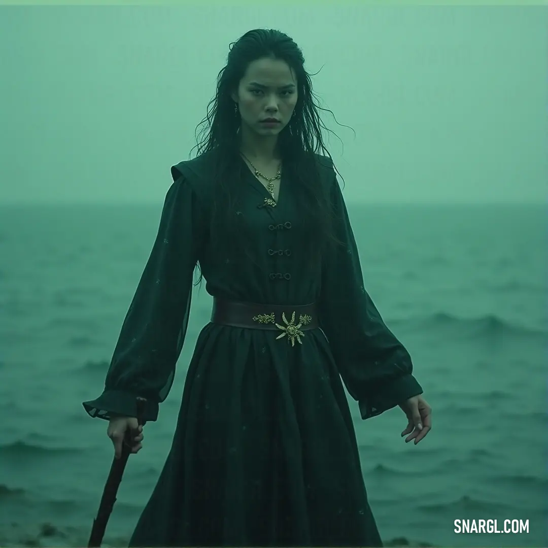 Sapphira, dressed in black, stands on a beach with a staff in hand, the green landscape meeting the endless ocean in the distance. Sapphira stands alone on a windswept beach, wearing a black dress and holding a staff. The lush, green landscape behind her contrasts with the vast ocean ahead, creating a sense of tranquility and mystery in the air.