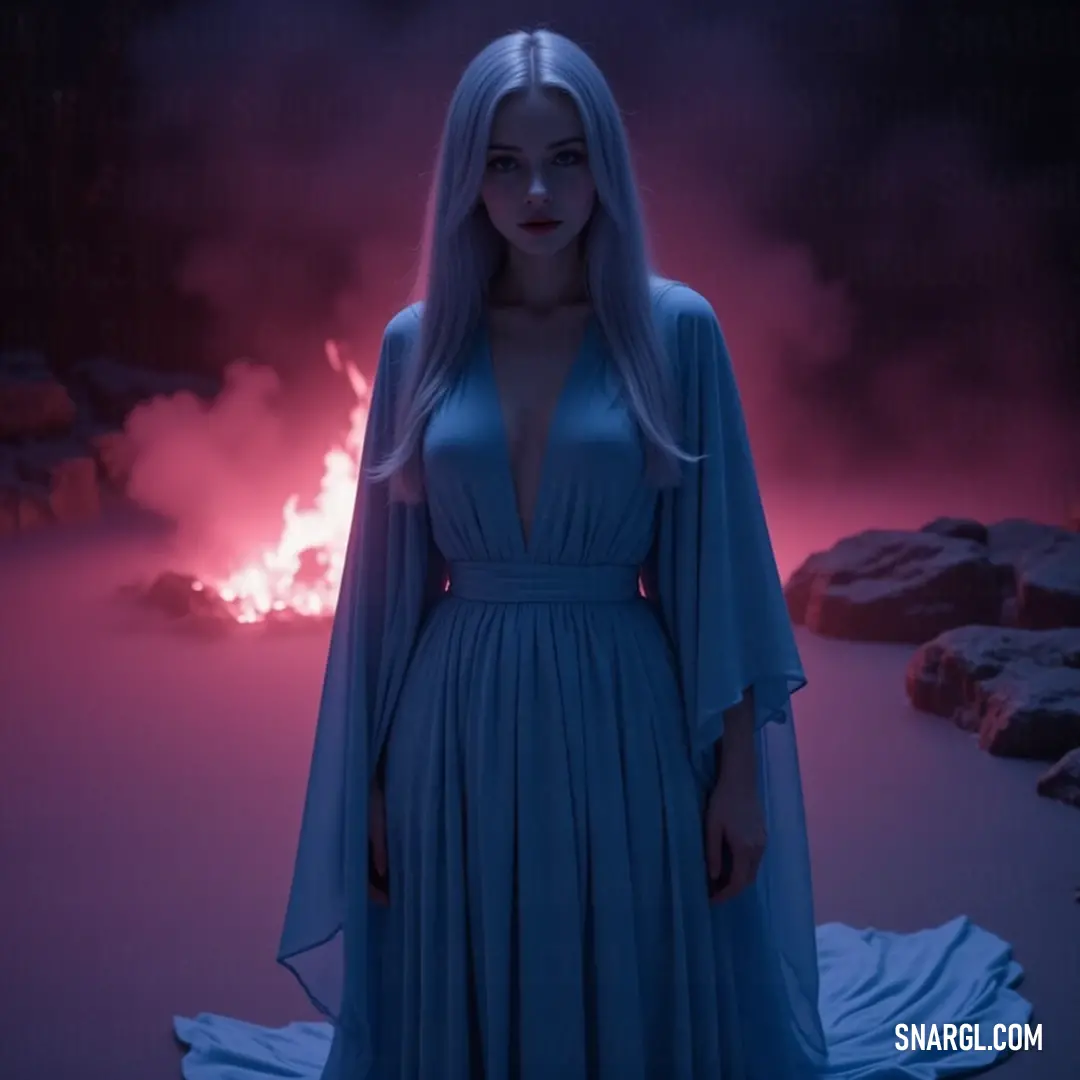 Serene Figure in Blue Dress by the Fire A graceful figure clad in a stunning blue dress stands before an inviting fire, surrounded by rugged rocks, her peaceful demeanor and soft stance creating an atmosphere of warmth and serenity amidst nature's wild beauty.