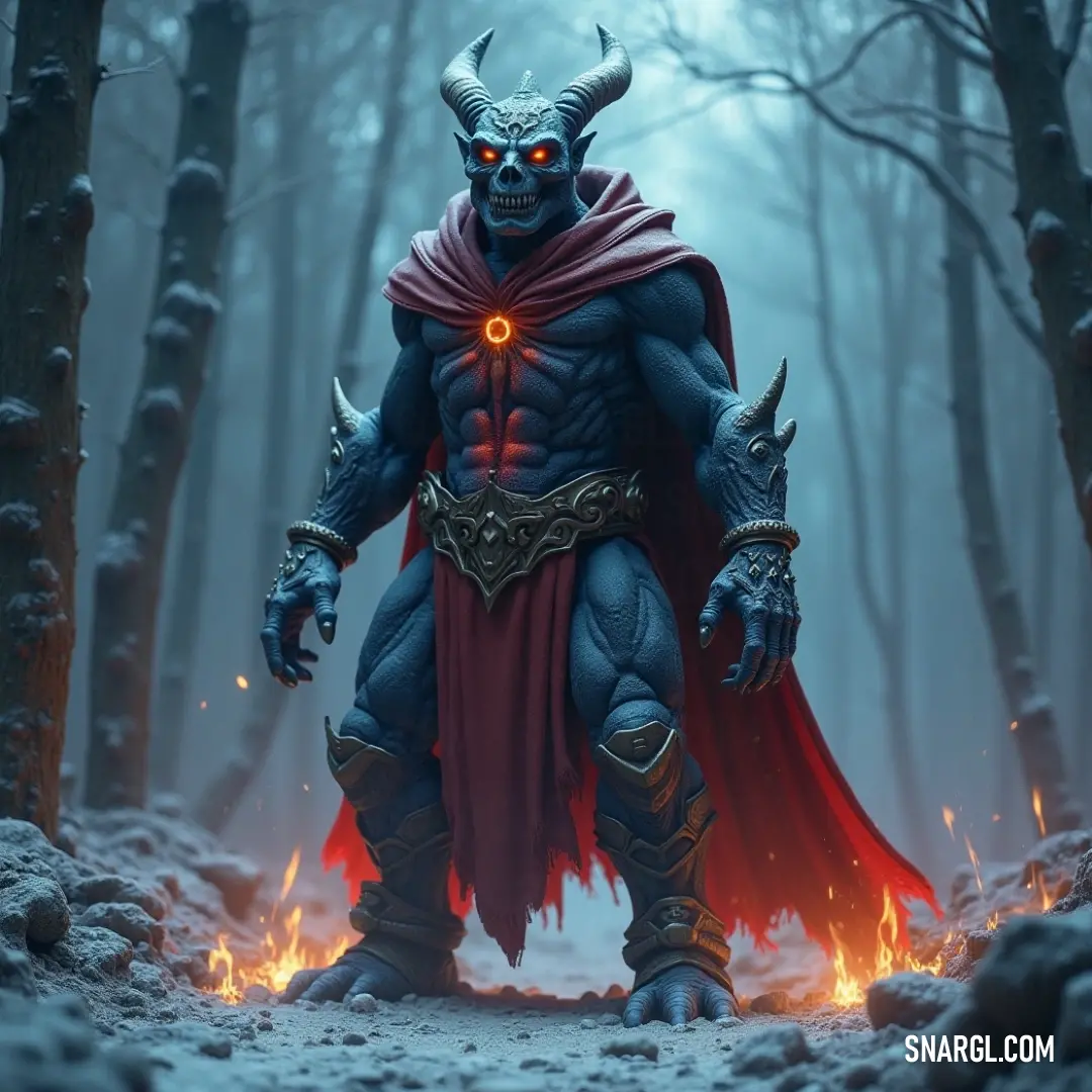 A demonic sapphire golem in a forest, wielding flames and wearing a red cape, exuding strength and power. A towering, demonic sapphire golem stands amidst a dense forest, flames dancing in its hands as it prepares for battle. A fiery red cape billows in the wind, adding to the powerful and intimidating presence.