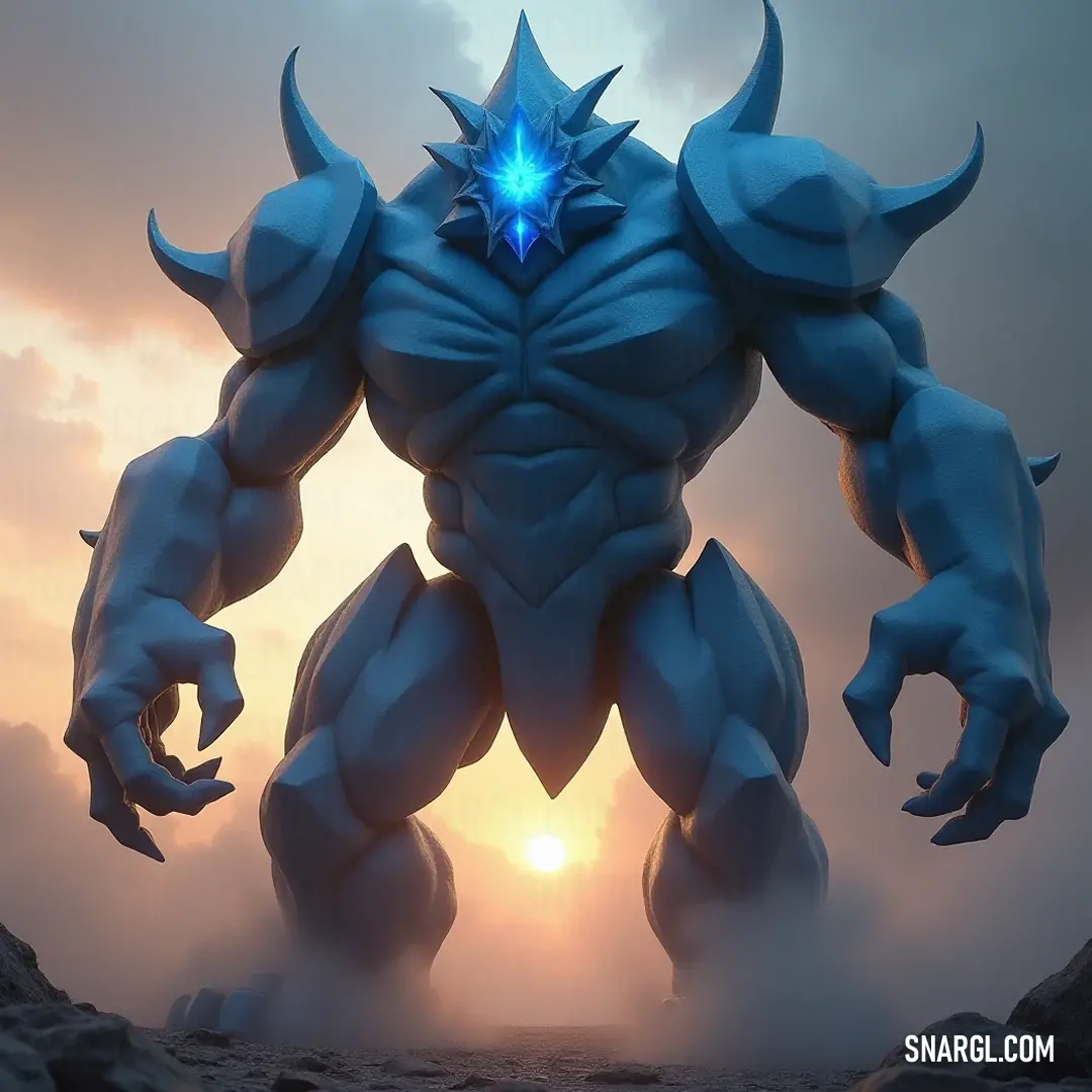 Giant Sapphire Golem Radiating Mystical Power A breathtaking Giant Sapphire Golem, adorned with a glowing blue eye and magnificent horns, stands proudly in a mystical realm. Its shimmering exterior captures the light, creating a stunning visual spectacle amidst the enchanting surroundings.