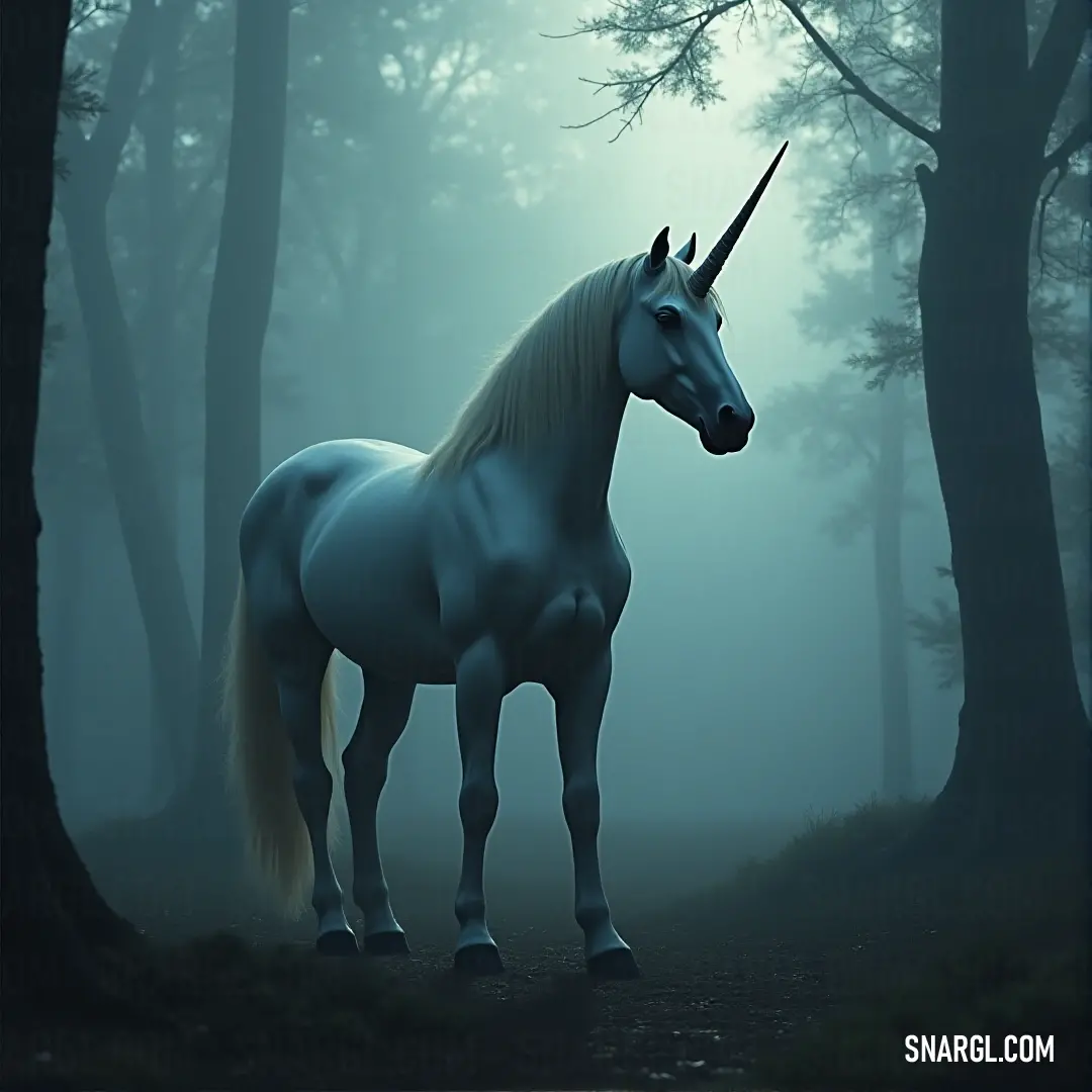 A sapphire unicorn stands in a lush forest, bathed in dappled sunlight as the trees rise around it, creating a magical, serene atmosphere. A sapphire unicorn stands tall in the heart of a dense forest, with towering trees surrounding it. The soft light filters through the canopy, casting a magical glow on its shimmering coat.