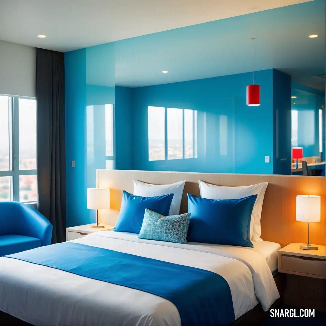 Sapphire color. Bedroom with a bed, chair