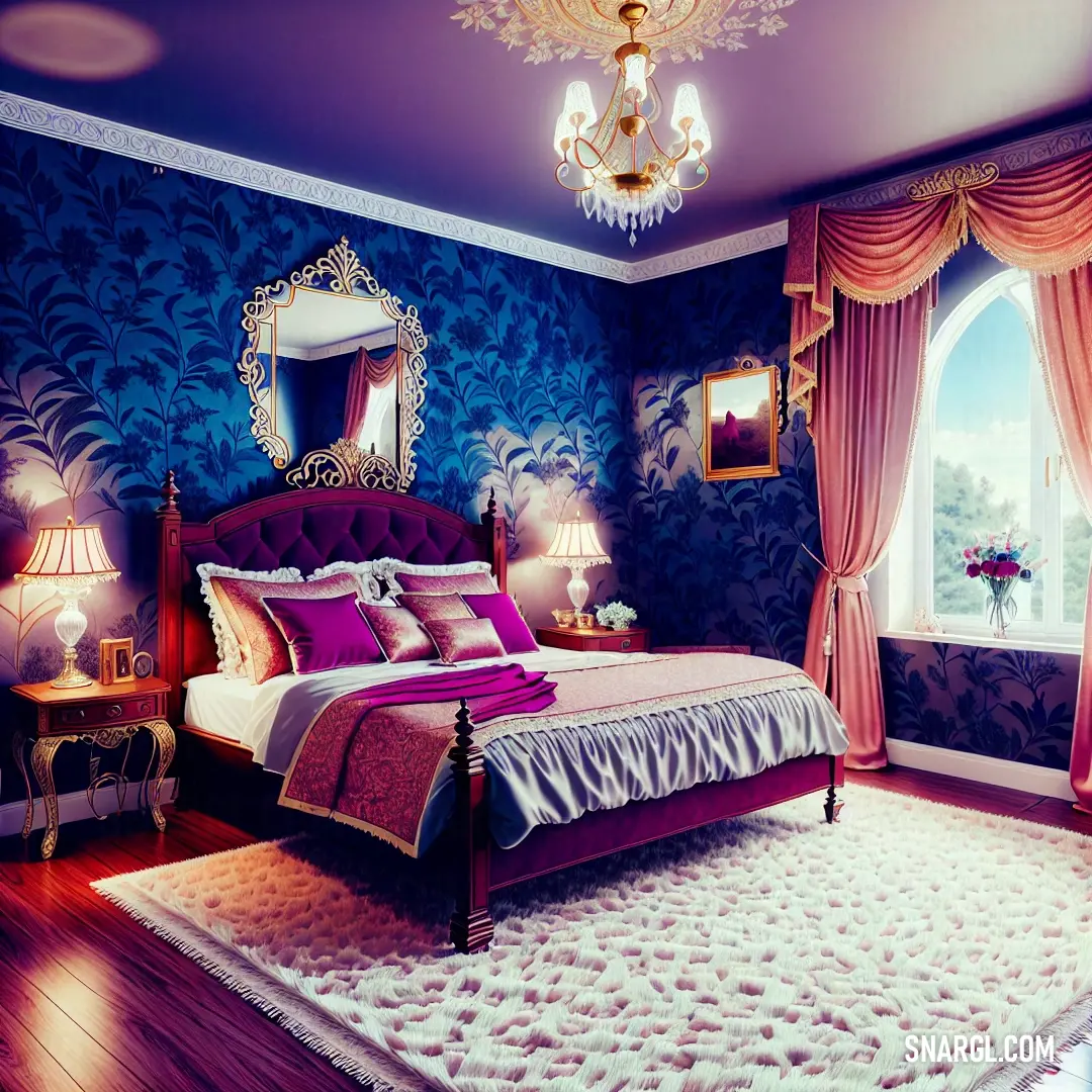 Bedroom with a bed, mirror and chandelier in it. Color CMYK 92,56,0,27.