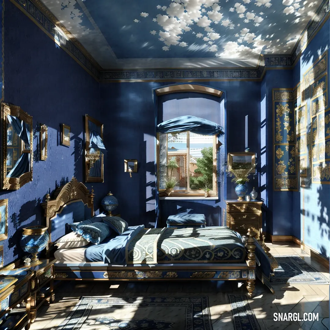 Bedroom with a blue wall and a bed with a blue comforter and pillows and a mirror on the wall. Color Sapphire.