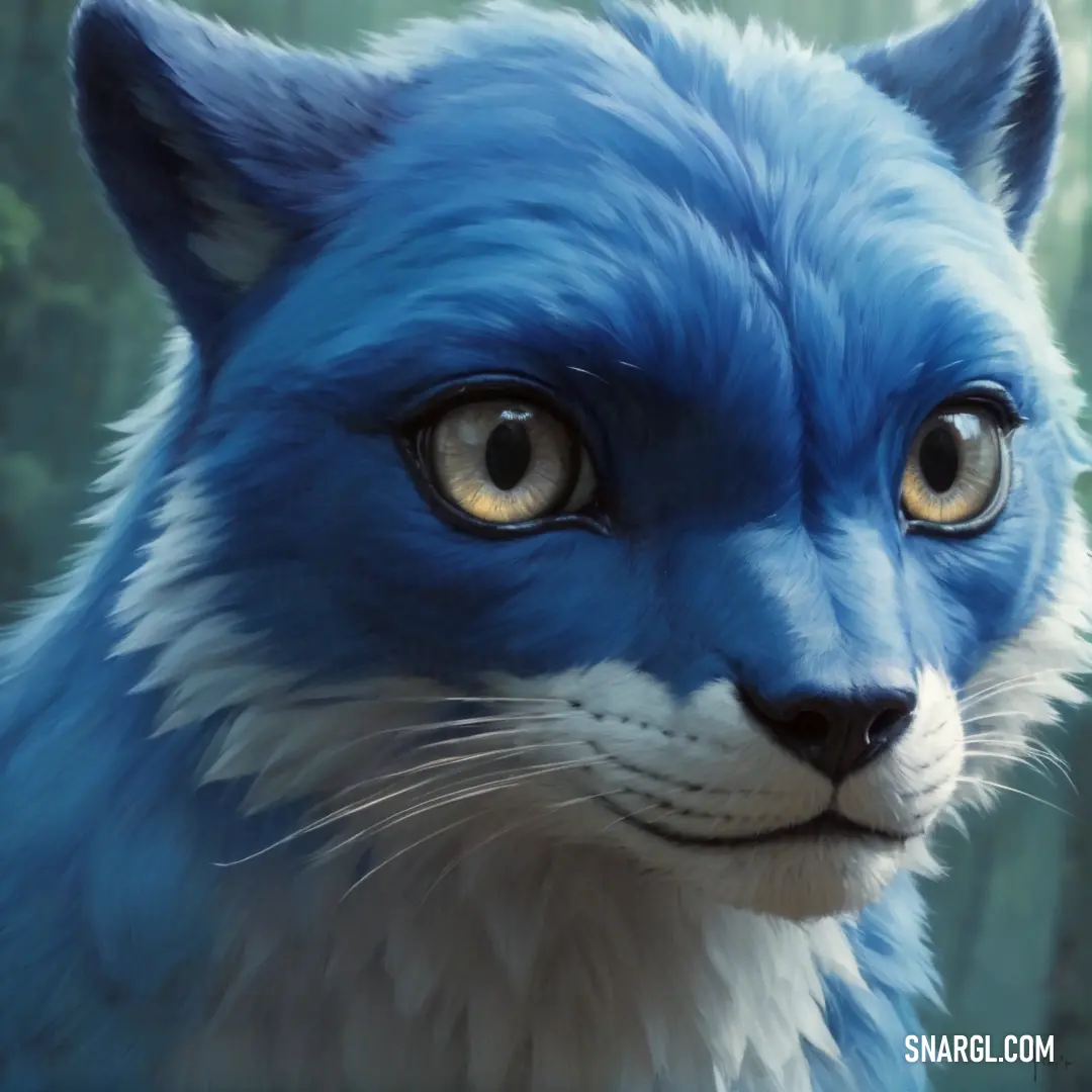 Blue and white cat with yellow eyes and a forest background. Example of Sapphire color.
