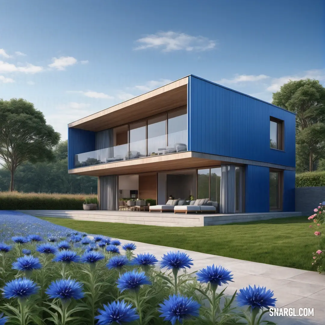 Blue house with a lot of windows and a lot of flowers in front of it. Color Sapphire.