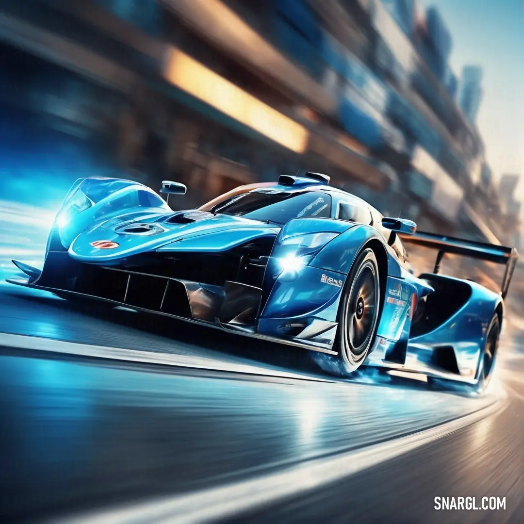 Blue race car driving down a city street at night with a blurry background. Example of Sapphire color.