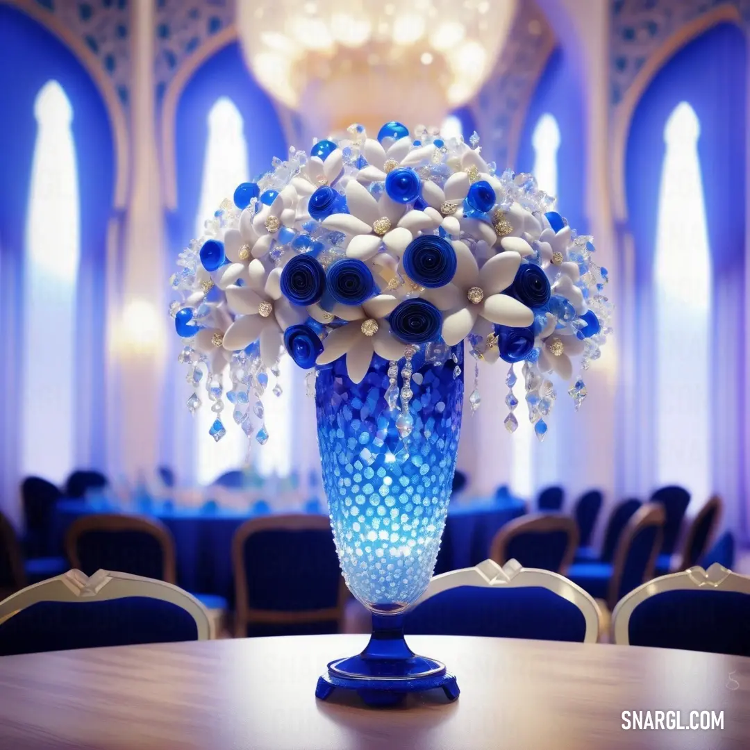 Blue vase with white flowers on a table in a room with blue chairs and chandeliers in the background. Color CMYK 92,56,0,27.