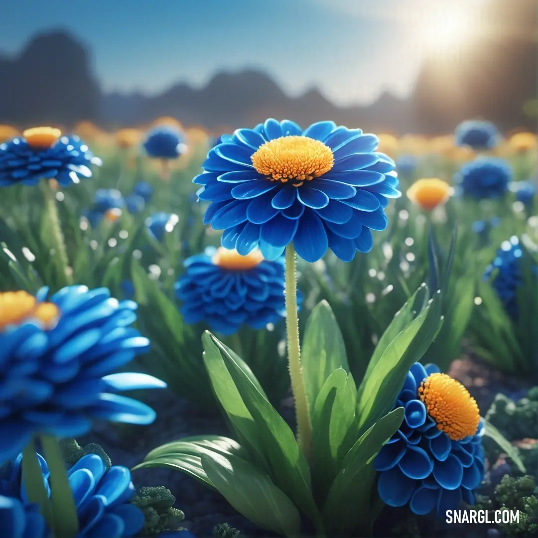 Field of blue flowers with yellow centers and green leaves in the foreground. Example of CMYK 92,56,0,27 color.