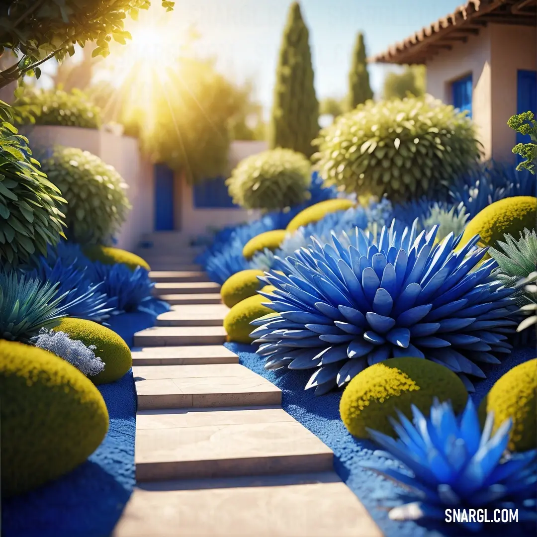 Garden with blue flowers and green plants and a walkway leading to a building with a sun shining on it. Color Sapphire.