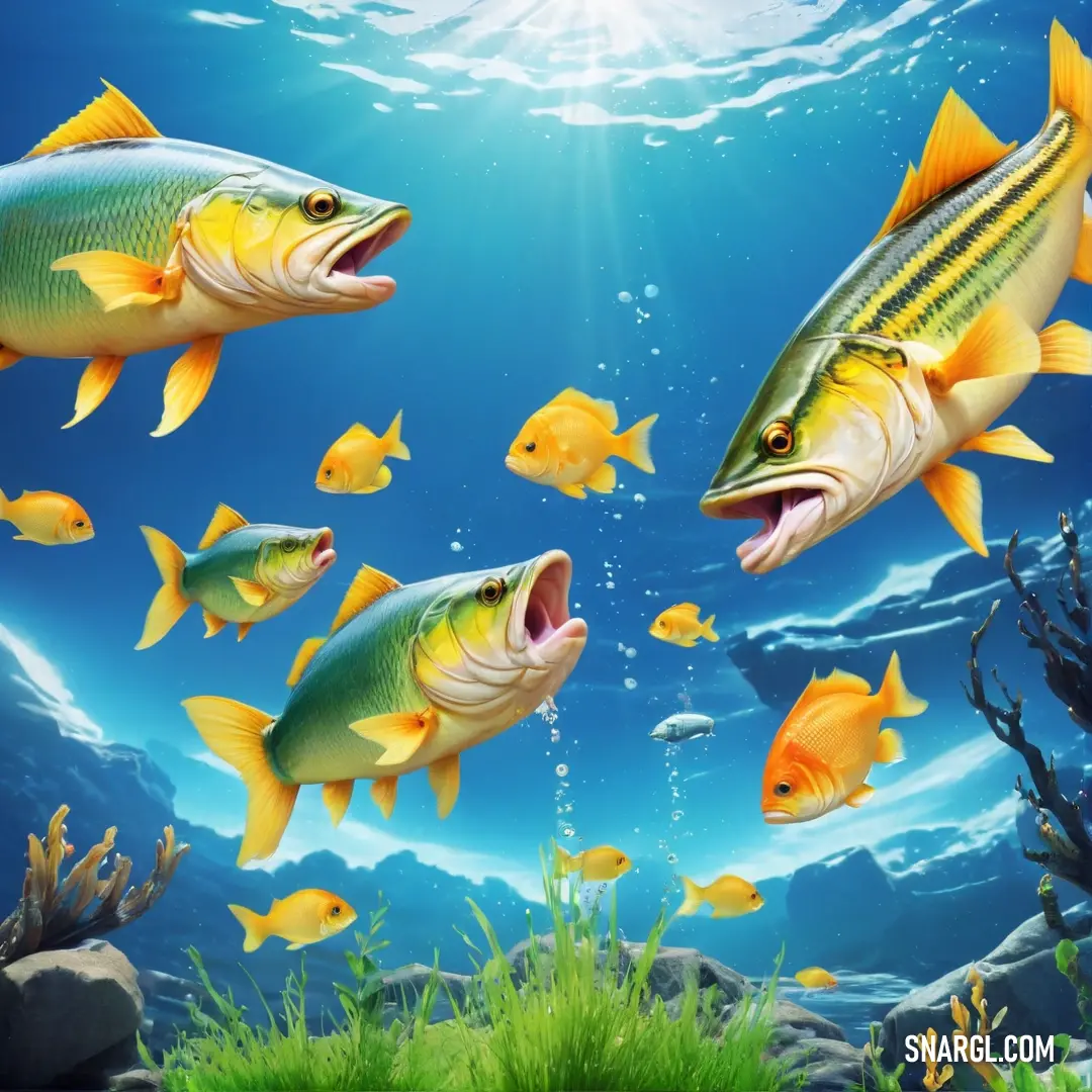 Group of fish swimming in a large aquarium with algaes and rocks on the bottom of the water