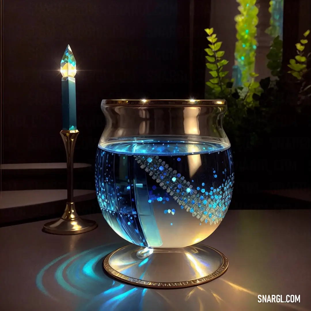 Lit candle is next to a glass bowl with a blue liquid inside it and a green plant in the background