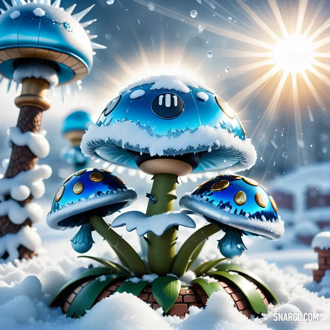 Sapphire color. Mushroom with a blue shell is in the snow with a starburst in the background