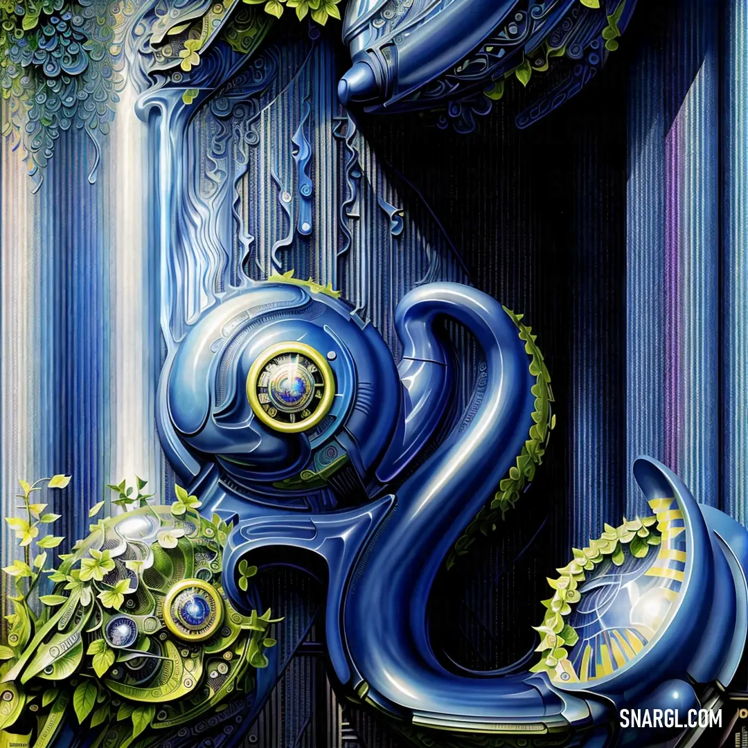 Painting of a blue and yellow abstract design with a spiral design and a circular center piece in the middle