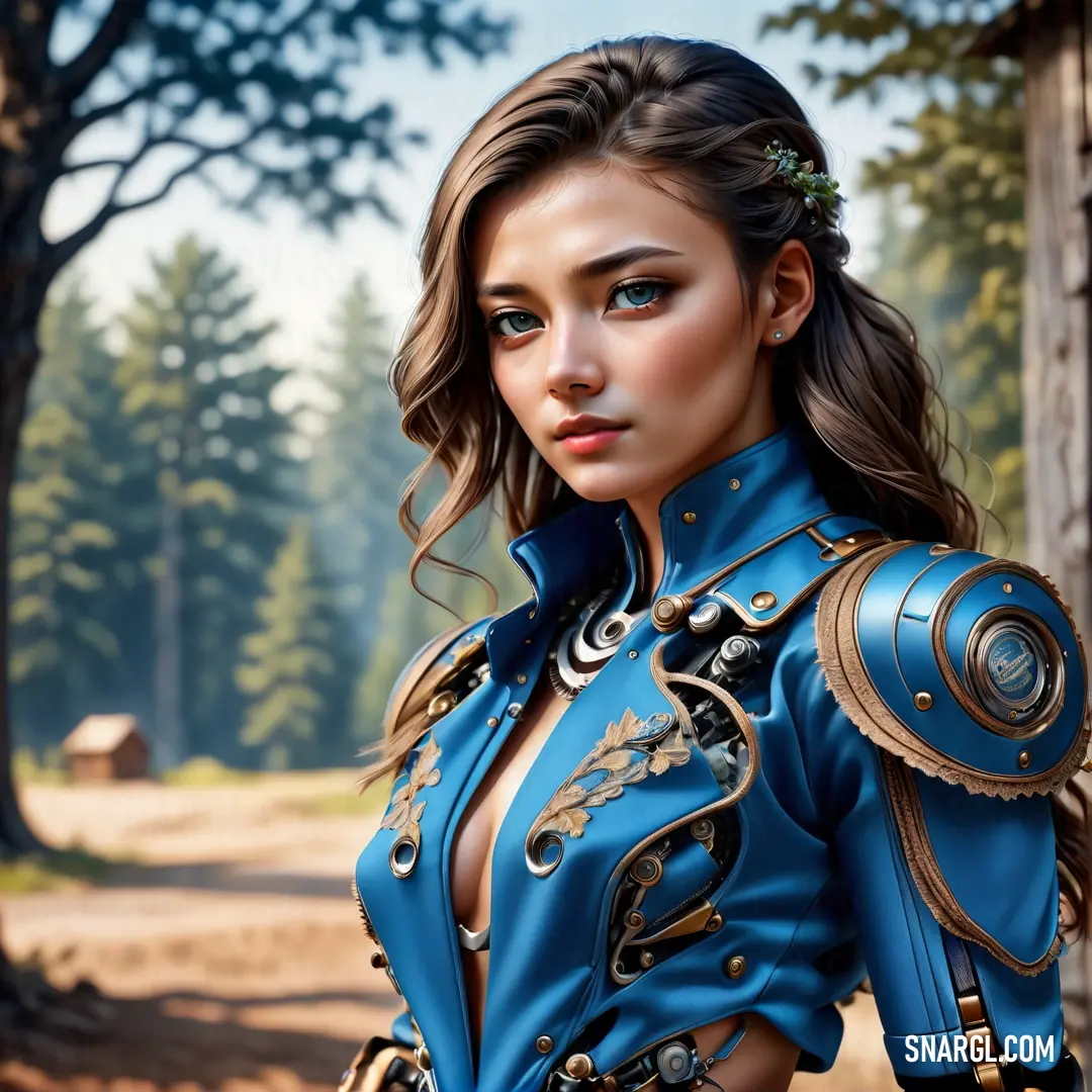 Painting of a woman in a blue outfit with a sword in her hand and a forest in the background