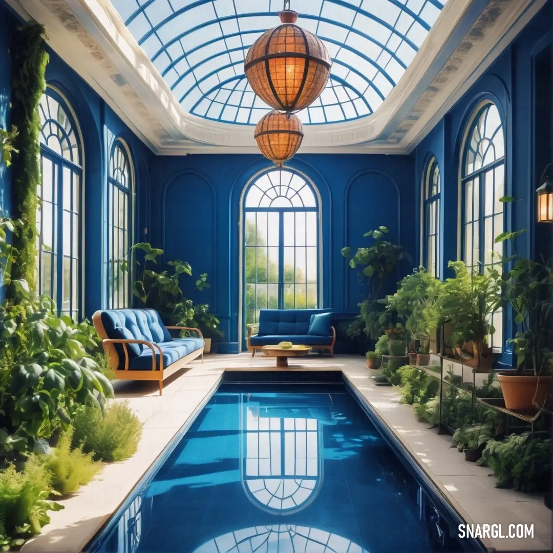 Sapphire color. Pool in a large room with a skylight above it and a couch in the middle of the room