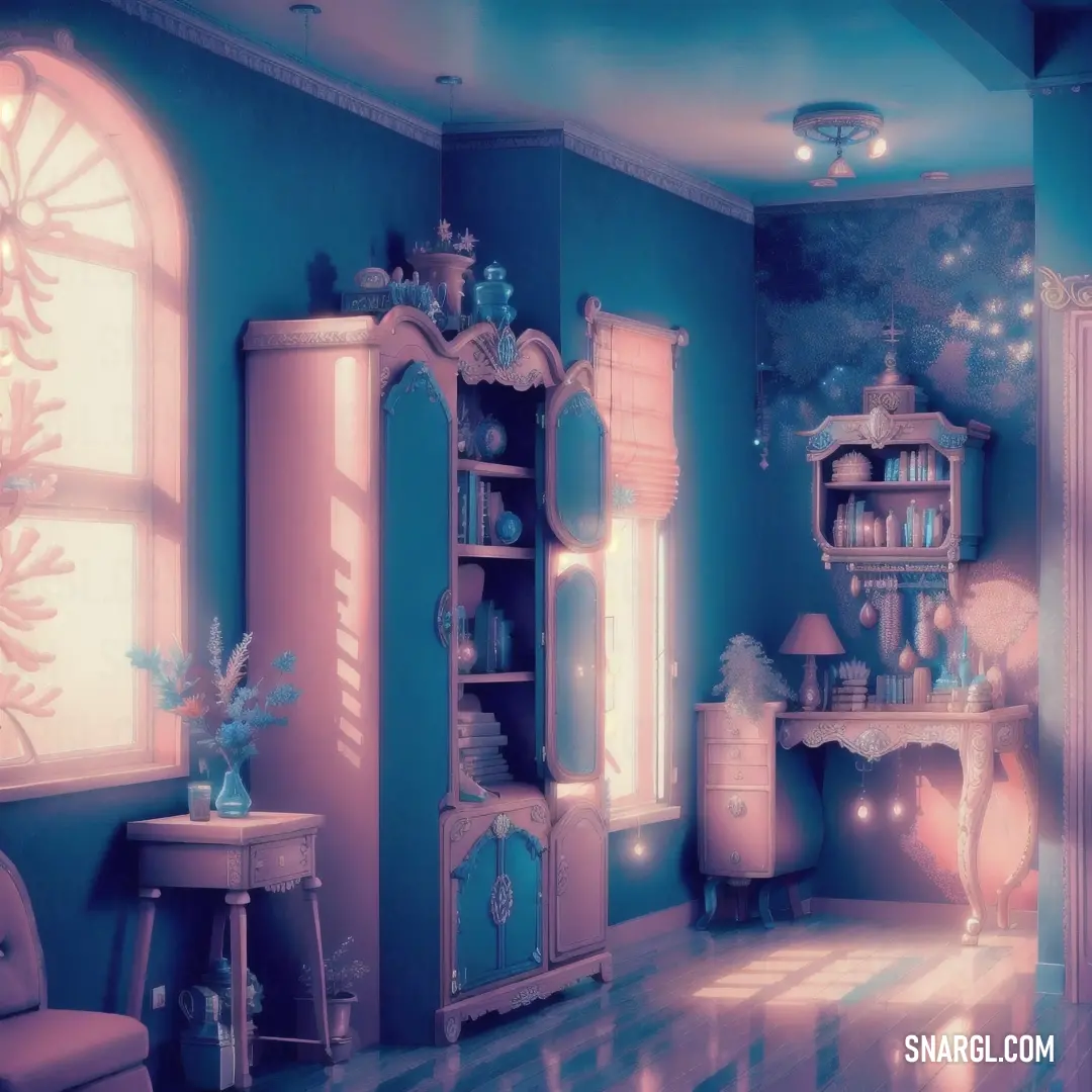 Room with a blue wall and a pink dresser and chair and a window with a starlight shining through. Example of CMYK 92,56,0,27 color.
