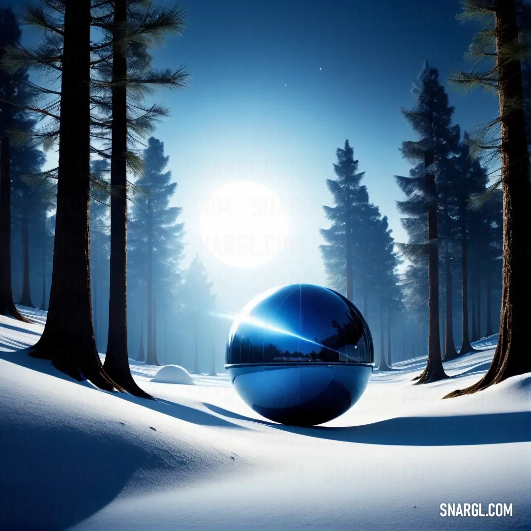 Blue ball in the middle of a snowy forest at night with the sun shining through the trees. Example of #0F52BA color.