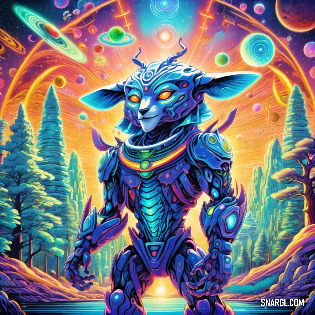 Painting of a creature with a space theme in the background. Color Sapphire.