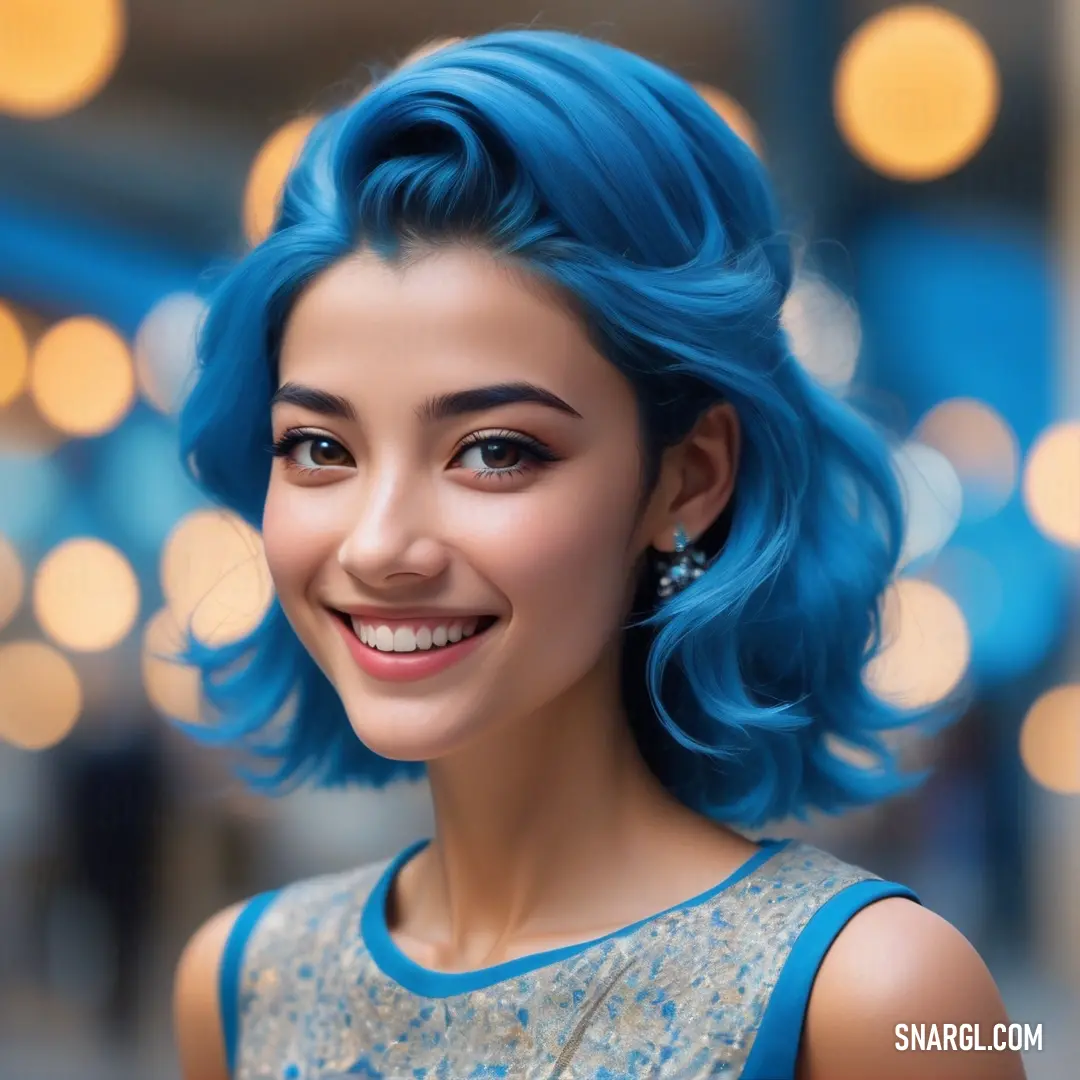 Woman with blue hair and a smile on her face and a blue dress on her shoulders. Example of Sapphire color.