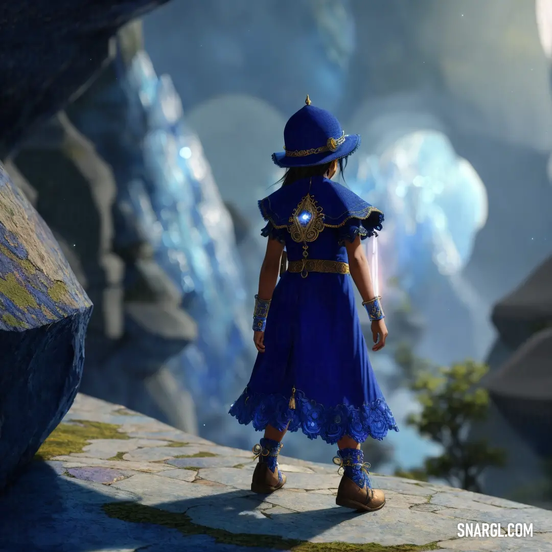 Young girl in a blue dress and hat standing on a stone path in a fantasy setting with a mountain in the background
