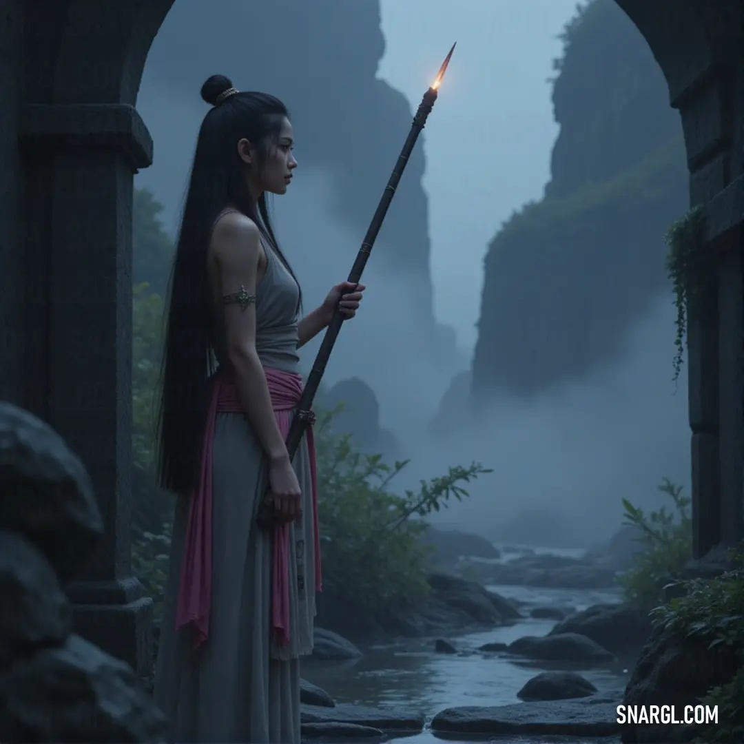 Saraswati with a staff, standing in a cave with a stream flowing behind her, the setting enhancing her aura of wisdom and tranquility. Saraswati, holding a staff, stands in a cave with a flowing stream behind her. The natural surroundings enhance her calm and wise presence, creating a serene and almost mystical atmosphere.