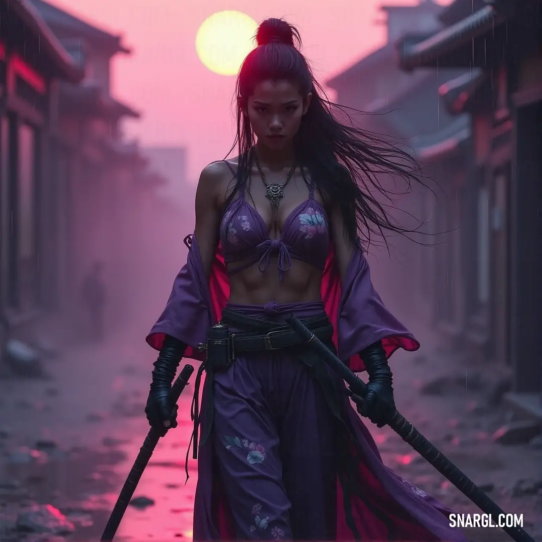 Saraswati in a purple outfit, holding two swords, stands in a city street at sunset, with a soft pink sky framing her, a perfect blend of tranquility and might. Saraswati, draped in a purple outfit, stands in a city street at sunset, two swords in hand. The sky is bathed in hues of pink, casting a soft glow over the moment, creating an aura of calm and strength.
