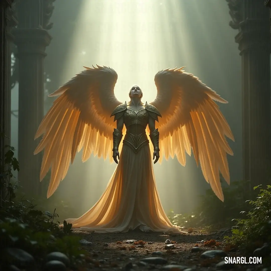 Sariel amid a sunlit forest, wings spread wide, embodying the enchanting connection between divinity and nature. Sariel stands gracefully in a sun-dappled forest, her wings shimmering softly in the gentle rays that sift through the leafy canopy, creating a tranquil atmosphere that highlights the harmony between nature and the celestial.