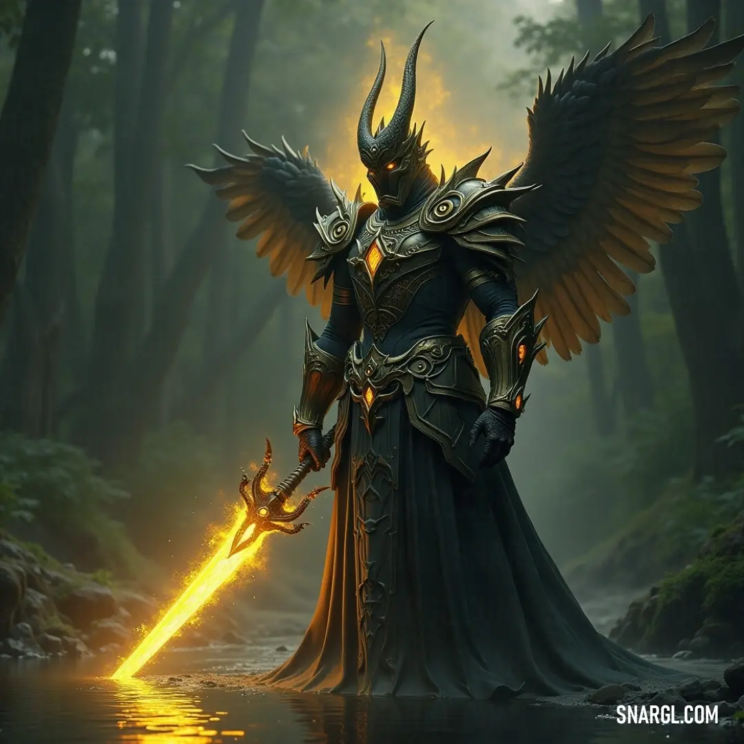Sariel, an armored guardian, holds a sword amid the tranquil beauty of a forest. Sariel, clad in intricately detailed armor, stands tall in a lush forest, the glimmer of his sword reflecting the dappled sunlight that filters through the leaves, instilling a sense of bravery and wisdom amid the natural beauty that surrounds him.