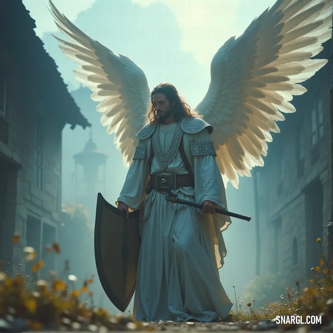 Sariel stands tall, with his sword and shield in hand, a beacon of hope and strength, his wings symbolizing his divine purpose. Sariel, dressed in pristine white, holds both a sword and shield with grace. His large, majestic wings spread wide as he stands as a figure of divine protection and strength, ready to defend against any threat.