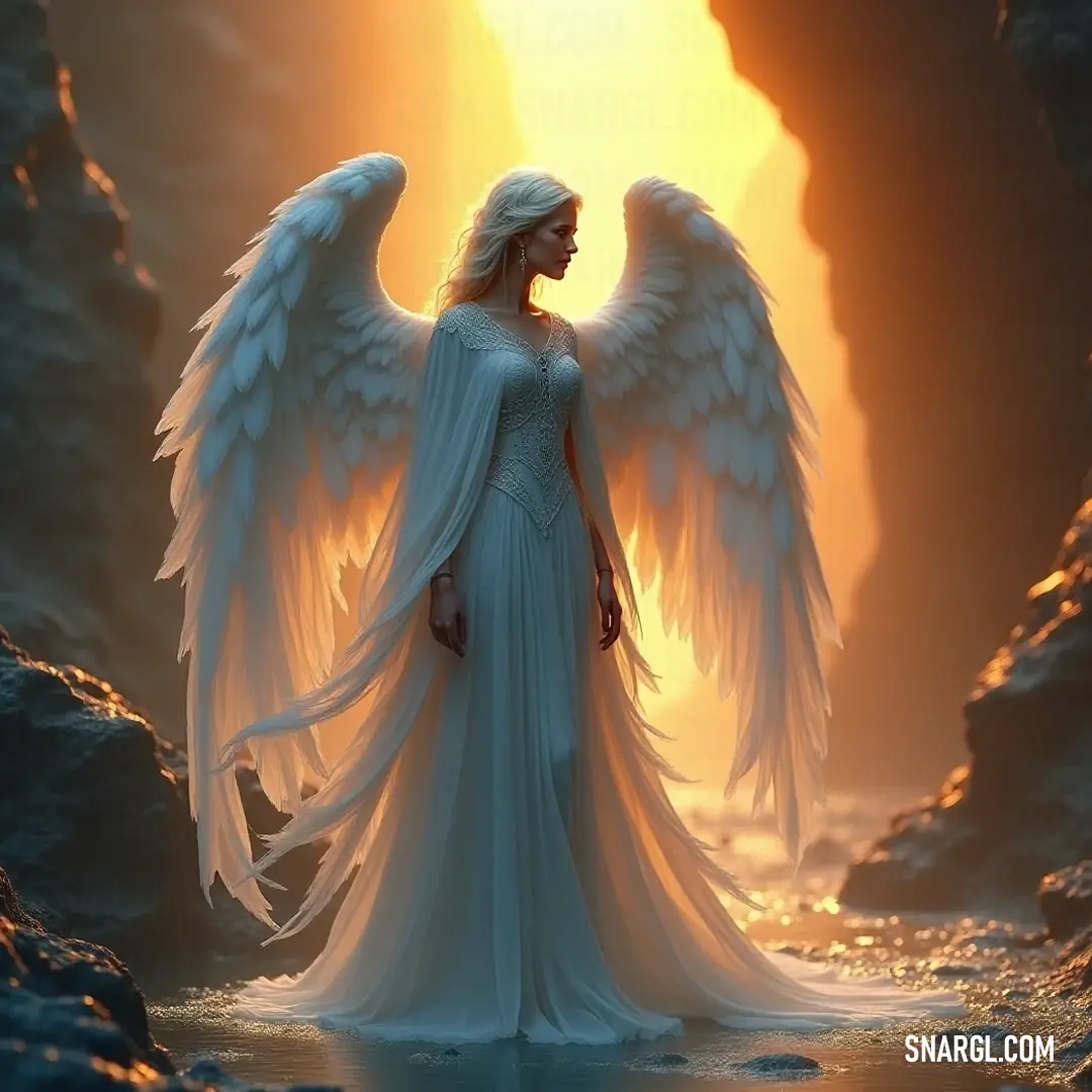 A heavenly figure with magnificent white wings is captured in a moment of serenity within a cave, illuminated by a stunning sunset. A celestial being with majestic white wings stands gracefully inside a rugged cave, backlit by a vibrant sunset that paints the background with hues of orange, yellow, and pink, creating a divine atmosphere.