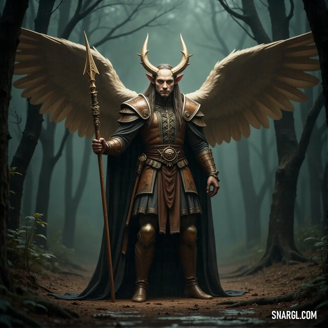 A powerful figure dressed in armor and wings, holding a staff in one hand, his demon-like head towering above. He stands in a dense forest, radiating strength and mystery.