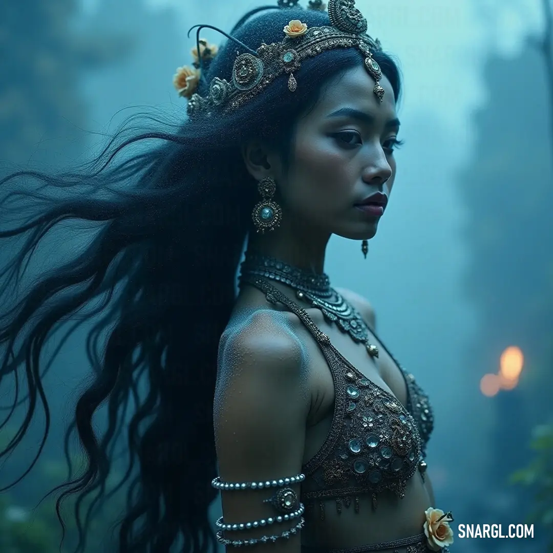 An elegant character with flowing hair and adorned with a sparkling crown poses against a backdrop of warm streetlight, exuding an air of mystery and sophistication. A graceful figure with long flowing hair, adorned with a regal crown and intricate jewelry, stands beside an inviting streetlight, creating a captivating ambiance of elegance and mystique.