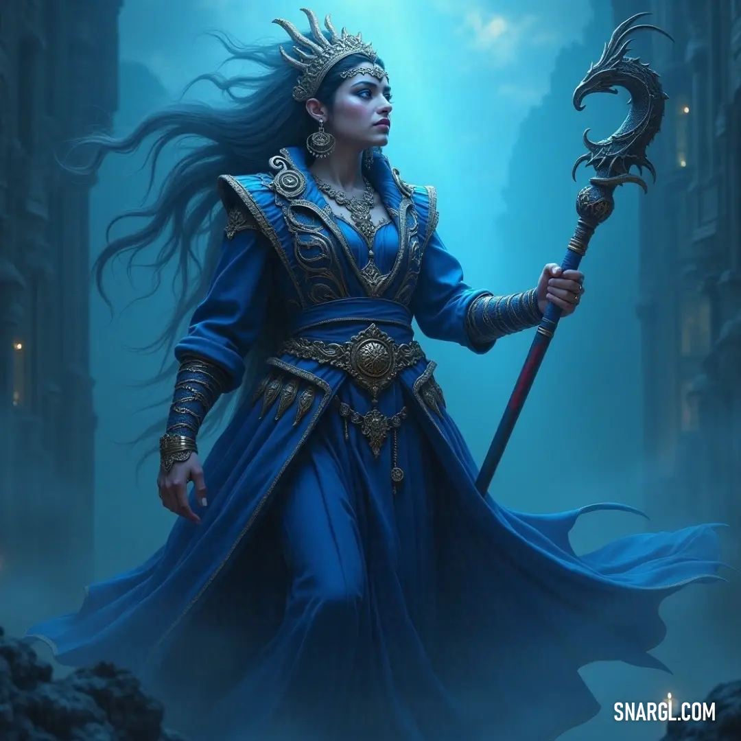 A fierce character in a stunning blue gown holds her staff with authority, accompanied by a loyal dragon, together they command attention in a magnificent fantasy realm filled with wonder. A powerful figure clad in a striking blue dress holds a staff confidently, a majestic dragon perched upon her arm, immersed in a vibrant fantasy world filled with adventure and enchantment.