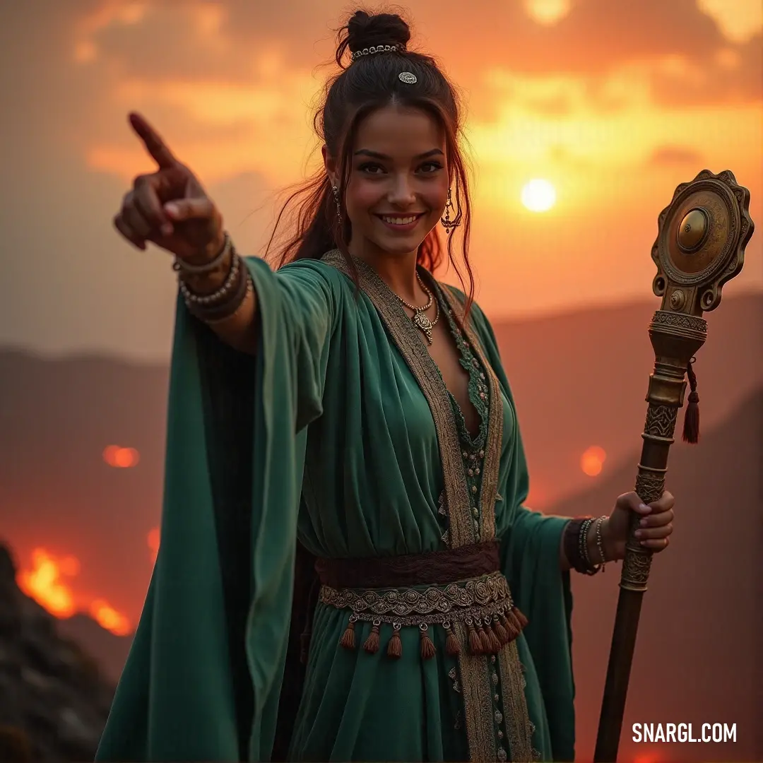 Sarmistha stands against a breathtaking sunset, her green dress flowing as she holds a staff and points directly at the viewer. The warm colors of the sunset create a captivating scene as the sky reflects her calm yet confident demeanor.