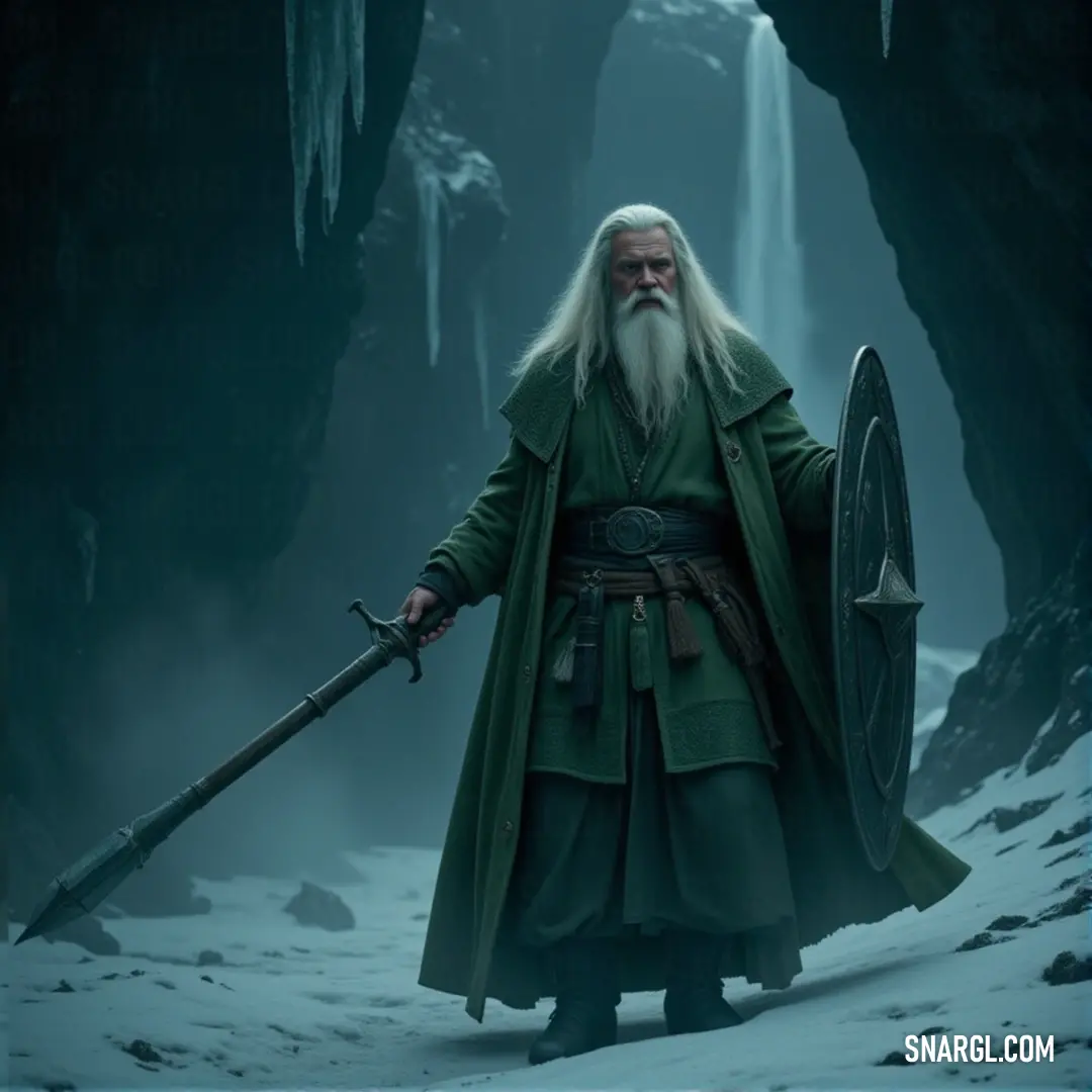 In a cold, snowy cave, a figure with a long beard stands, holding a sword and shield. The icy surroundings intensify the feeling of readiness and resolve in the face of danger. A powerful figure with a long beard holds a sword and shield in a snowy cave. The cold, icy atmosphere and the looming rock walls emphasize the strength and determination radiating from the figure.