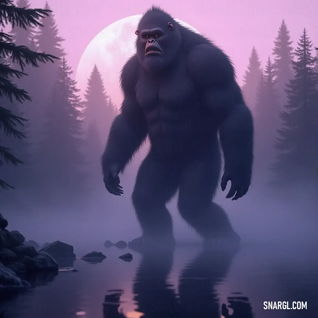 A majestic Bigfoot amid shimmering waters beneath a radiant full moon, embodying the mystery of the night. A mythical Bigfoot standing majestically in the still waters of a moonlit lake, surrounded by the serene reflections of nature and illuminated by a brilliant full moon hanging in an inky sky.