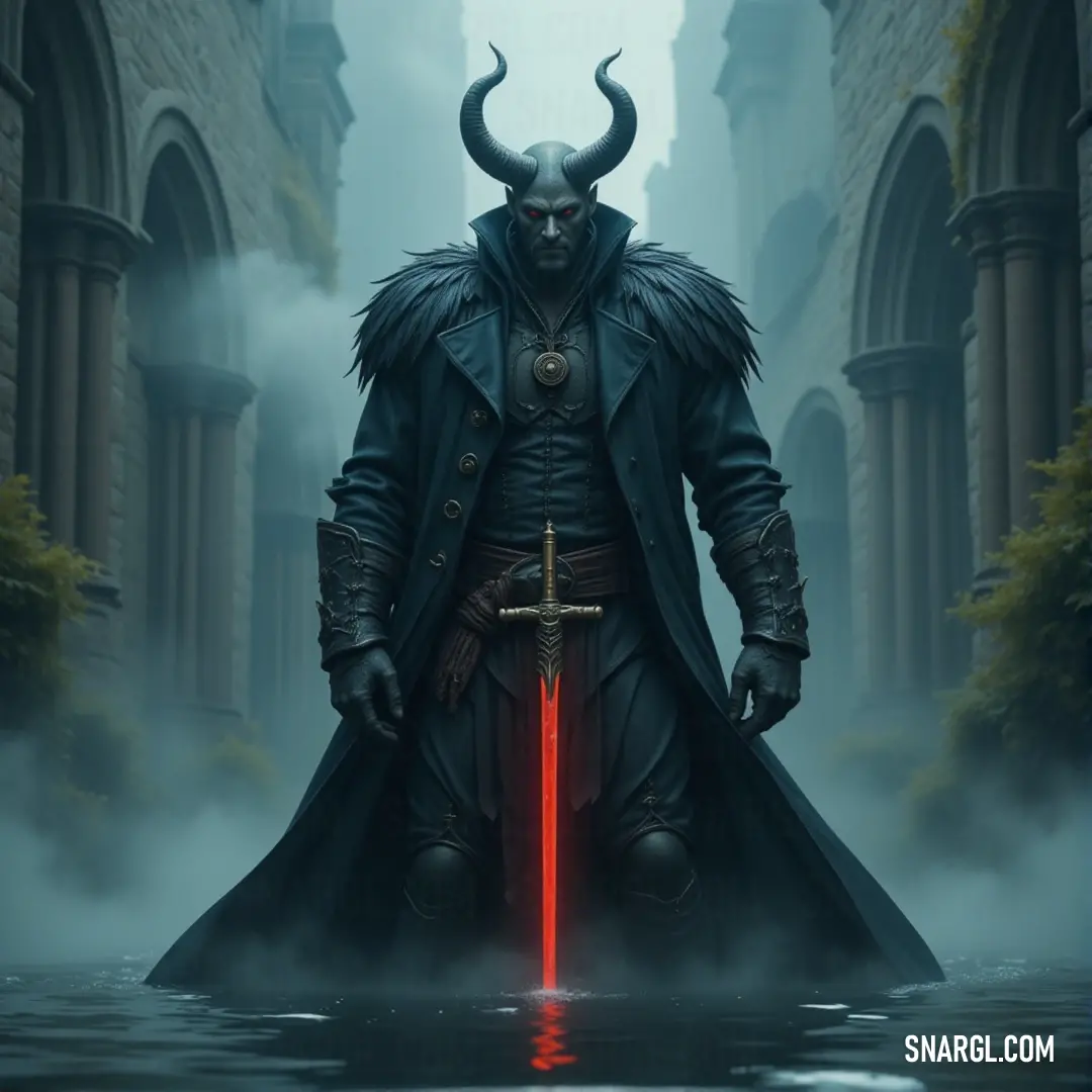 Satan, in a black coat and with a red sword, stands in a foggy alley, a dark castle looming in the distance, adding to the sinister ambiance. Satan, clad in a black coat and gripping a red sword, stands in a dark alley. The castle in the distance seems to watch over him, as shadows stretch across the misty streets.