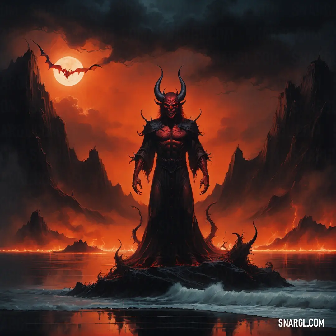 Satan standing in the middle of a lake with a Satan on it's back and a full moon in the background